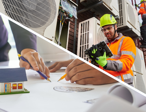Zoom plan bureau et technicien intervenant sur climatisation (CVC)