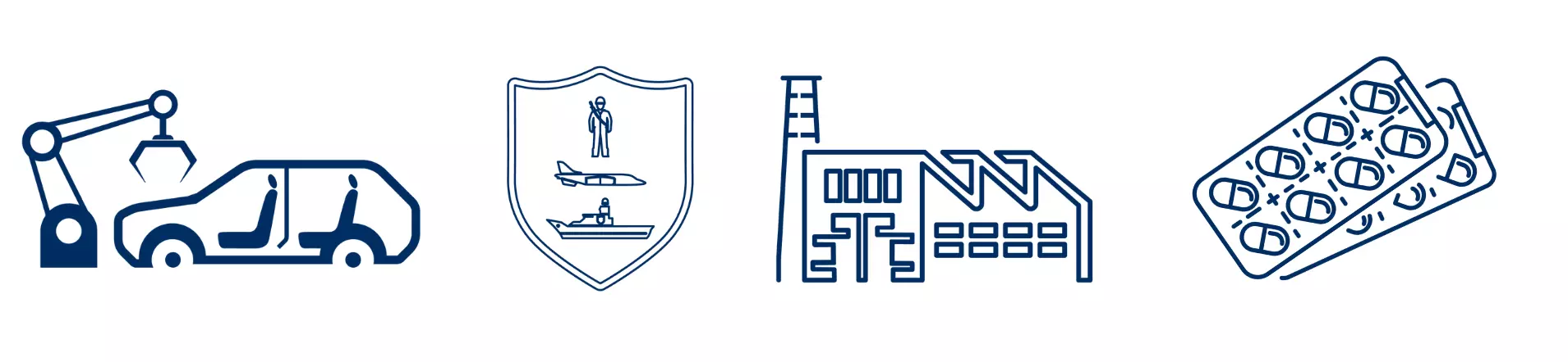 4 pictos secteurs industrie, automobile, defense, pharmaceutique